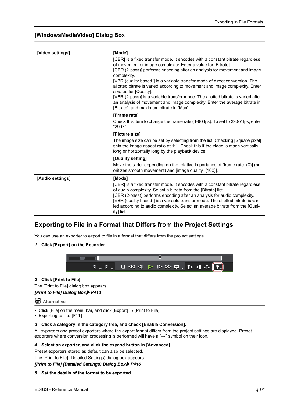 Windowsmediavideo] dialog box, P415 | Grass Valley EDIUS Pro v.7.20 User Manual | Page 437 / 520