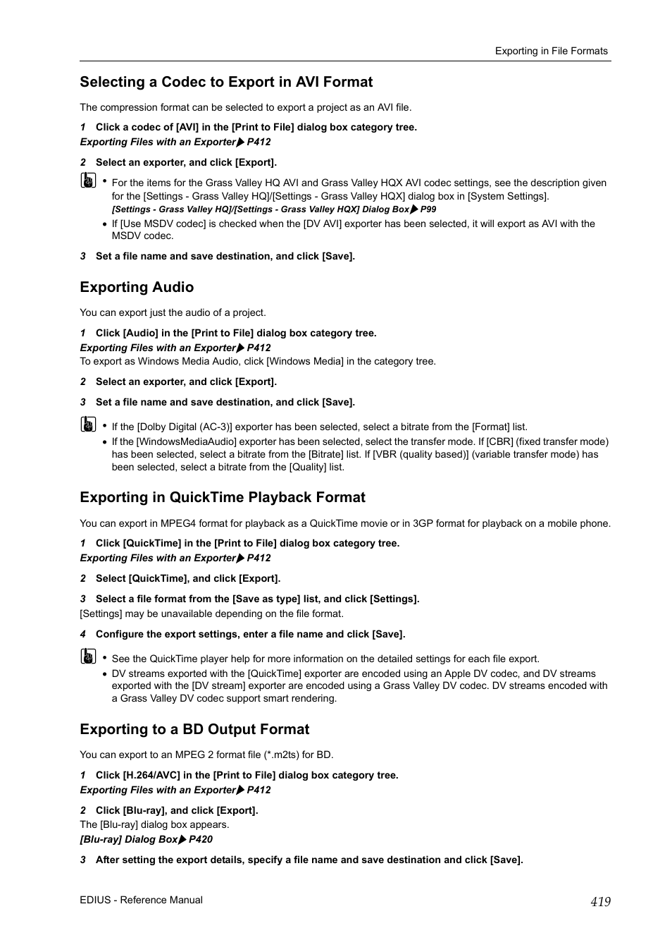 Selecting a codec to export in avi format, Exporting audio, Exporting in quicktime playback format | Exporting to a bd output format, P 419 | Grass Valley EDIUS Pro v.7.20 User Manual | Page 441 / 520