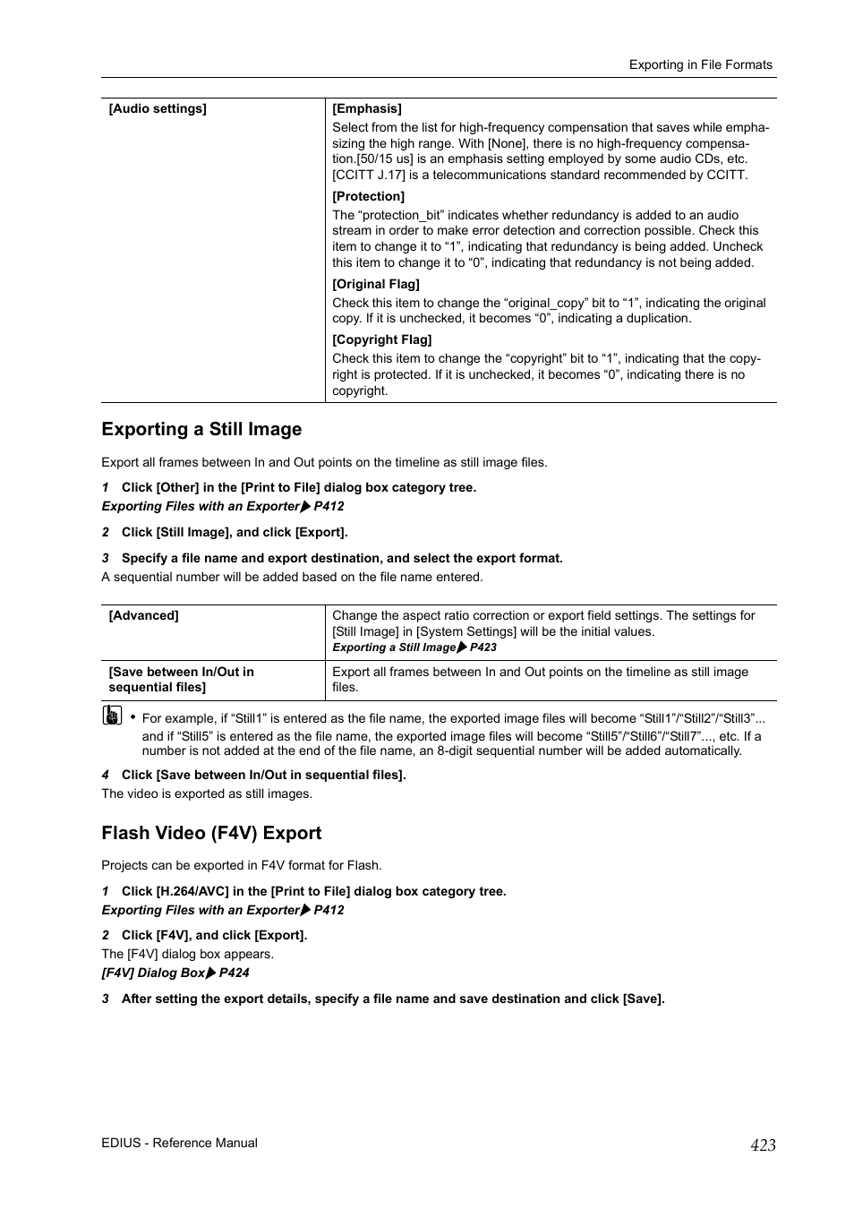 Exporting a still image, Flash video (f4v) export, Exporting a still image flash video (f4v) export | P423, P 423 | Grass Valley EDIUS Pro v.7.20 User Manual | Page 445 / 520