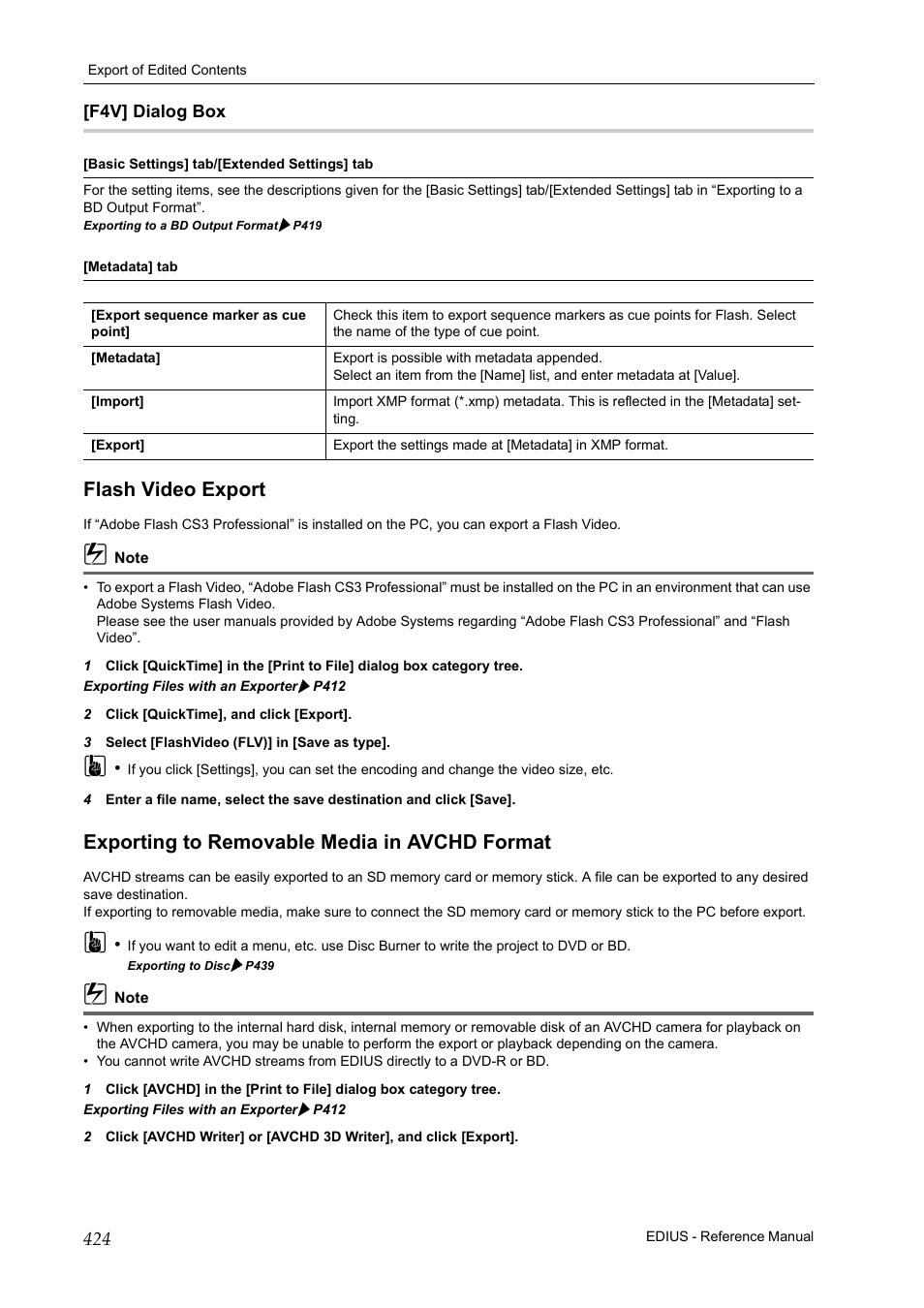 F4v] dialog box, Flash video export, Exporting to removable media in avchd format | P 424, P424 | Grass Valley EDIUS Pro v.7.20 User Manual | Page 446 / 520