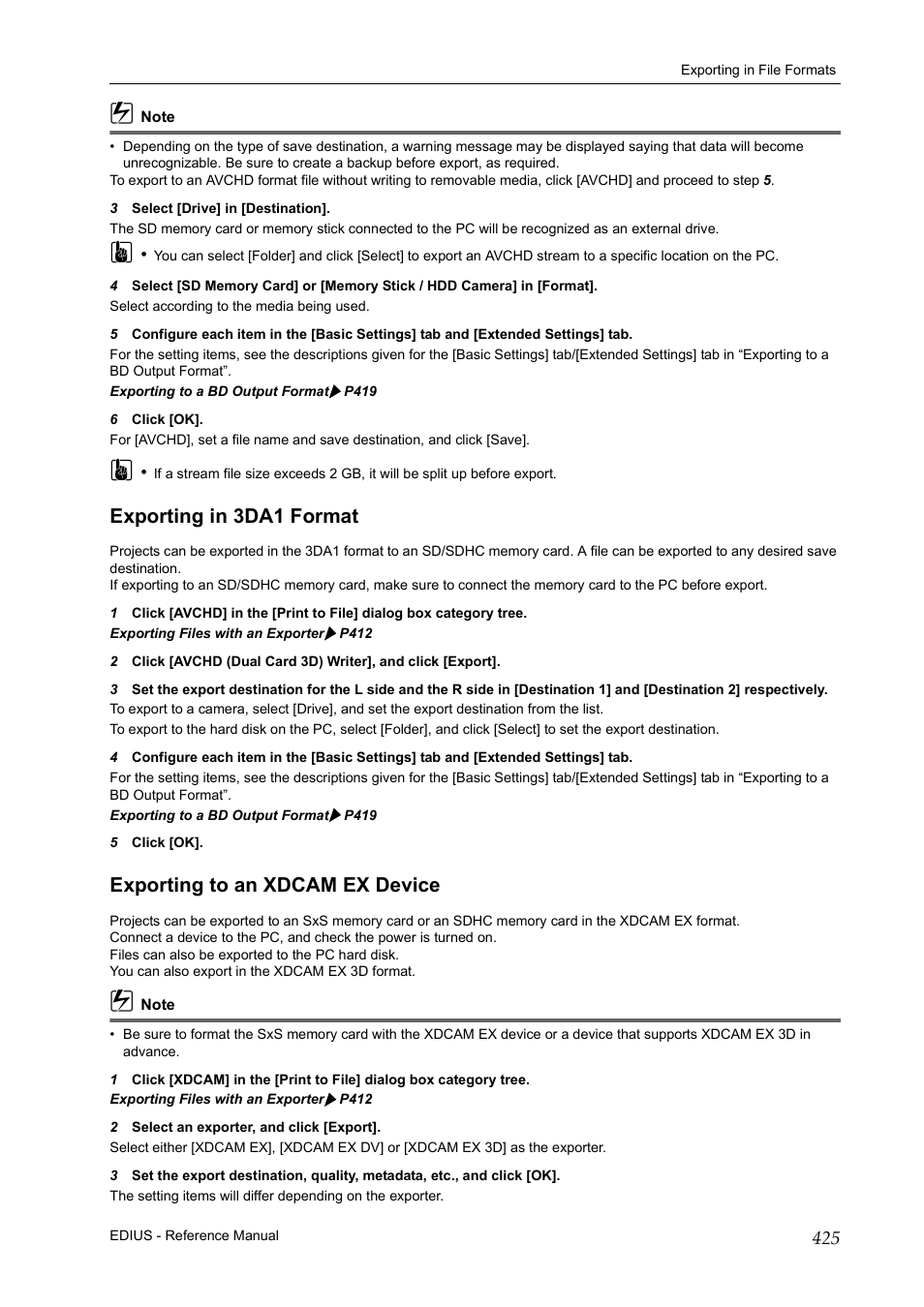 Exporting in 3da1 format, Exporting to an xdcam ex device, P 425 | Grass Valley EDIUS Pro v.7.20 User Manual | Page 447 / 520