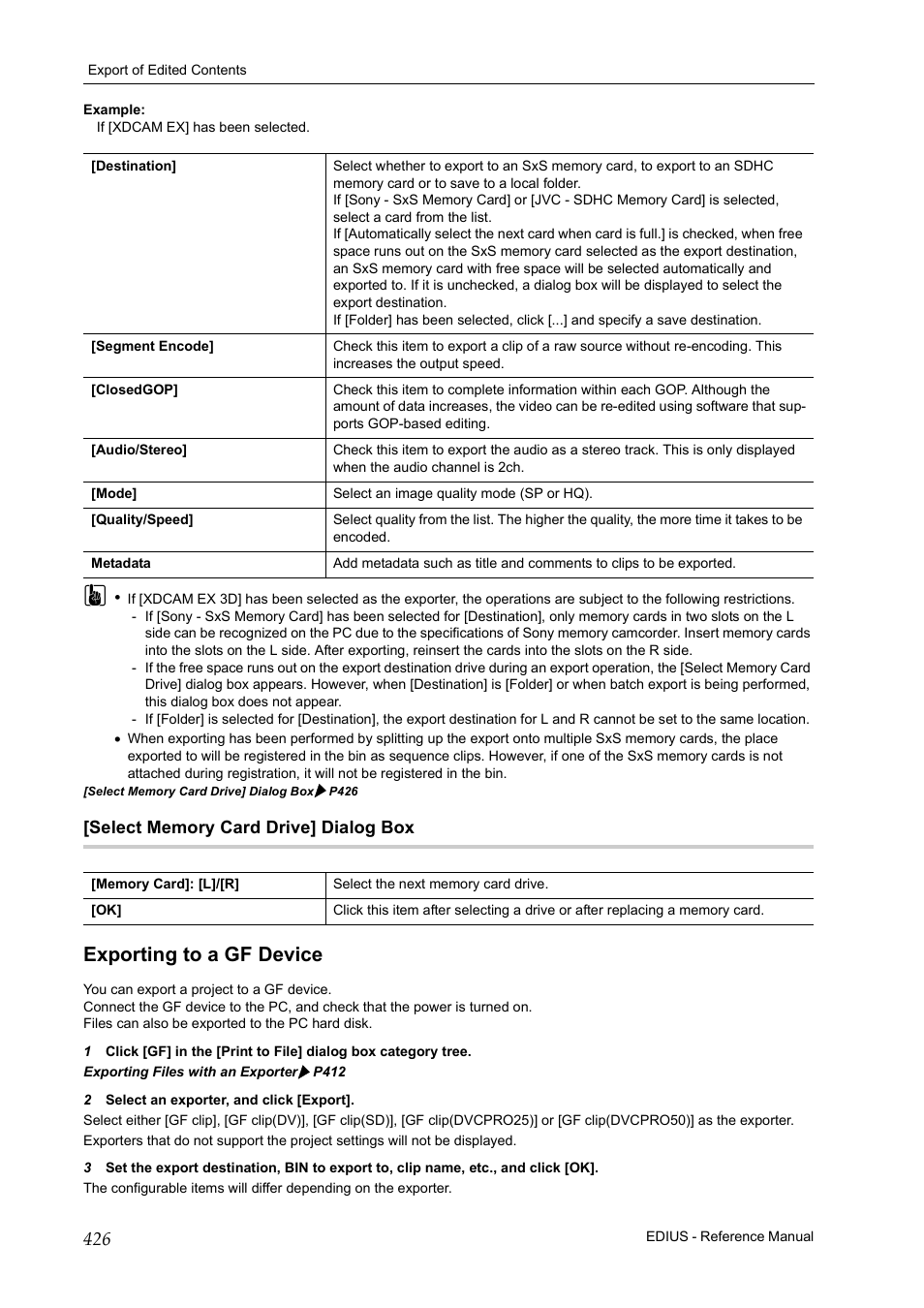 Select memory card drive] dialog box, Exporting to a gf device, P 426 | Grass Valley EDIUS Pro v.7.20 User Manual | Page 448 / 520