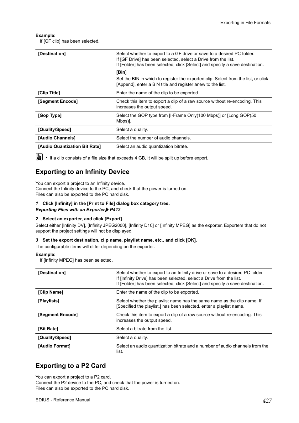 Exporting to an infinity device, Exporting to a p2 card, P 427 | Grass Valley EDIUS Pro v.7.20 User Manual | Page 449 / 520
