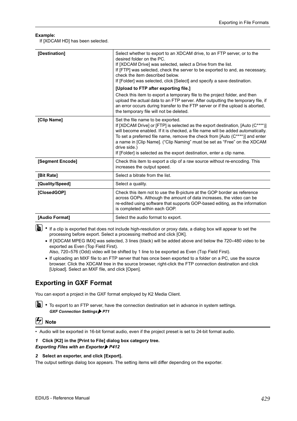 Exporting in gxf format, P 429 | Grass Valley EDIUS Pro v.7.20 User Manual | Page 451 / 520