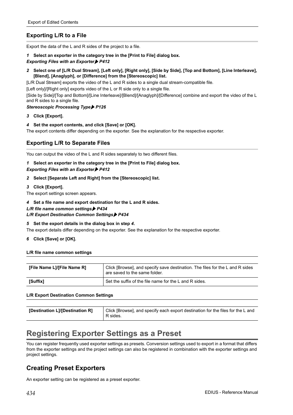 Exporting l/r to a file, Exporting l/r to separate files, Registering exporter settings as a preset | Creating preset exporters, P434 | Grass Valley EDIUS Pro v.7.20 User Manual | Page 456 / 520