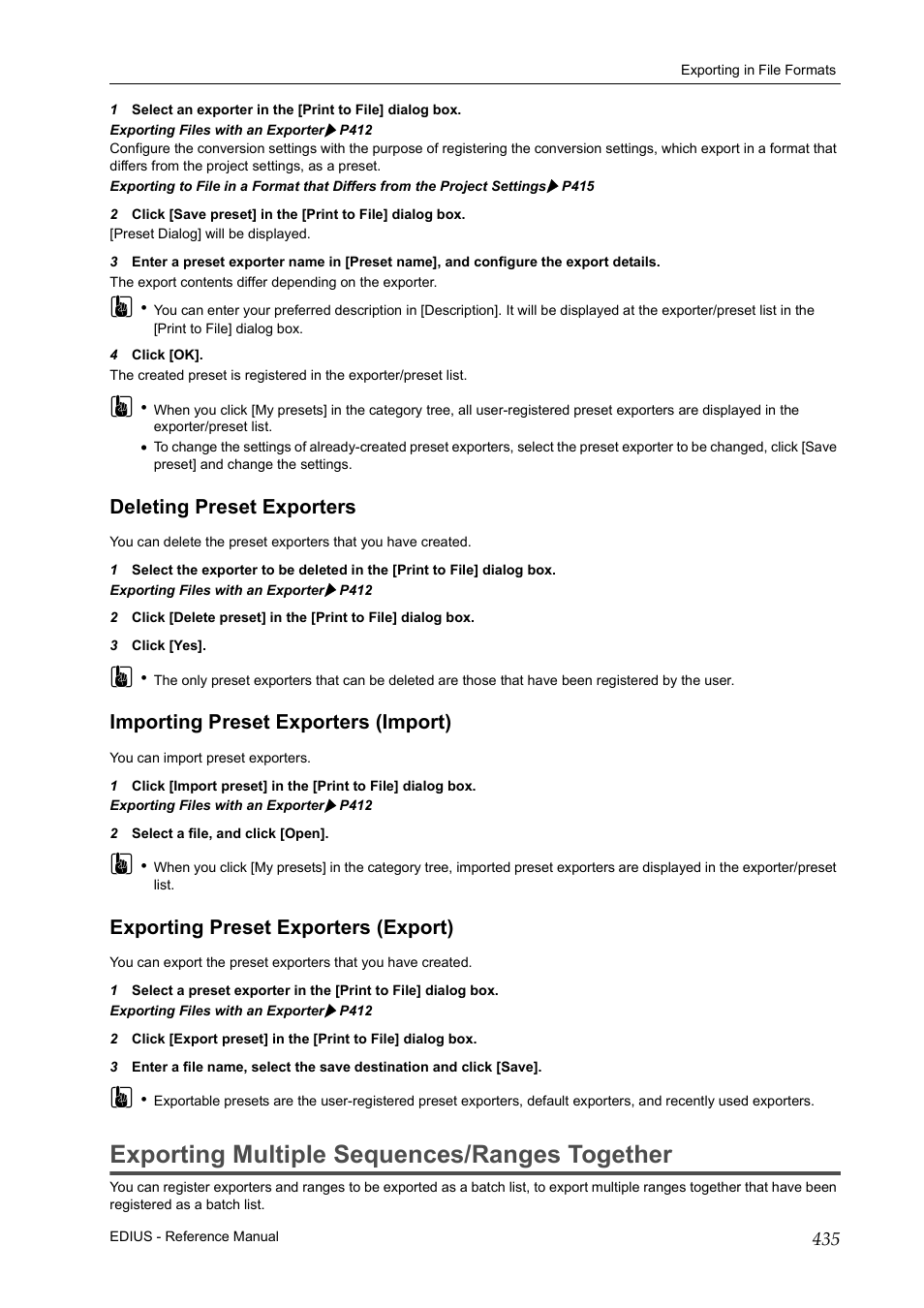 Deleting preset exporters, Importing preset exporters (import), Exporting preset exporters (export) | Exporting multiple sequences/ranges together, P435 | Grass Valley EDIUS Pro v.7.20 User Manual | Page 457 / 520