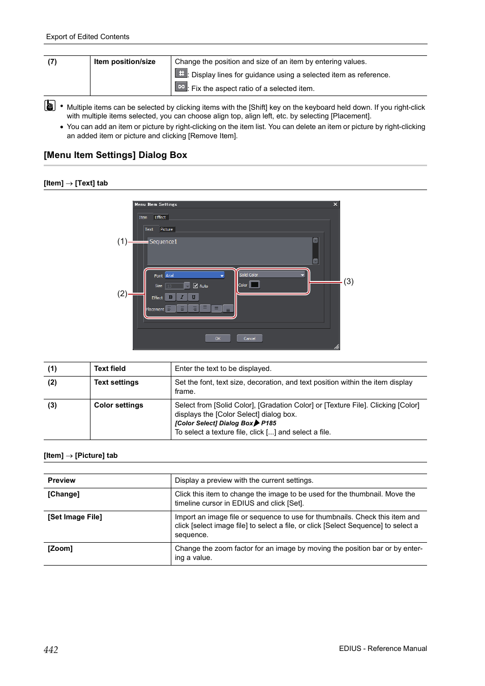 Menu item settings] dialog box, P442 | Grass Valley EDIUS Pro v.7.20 User Manual | Page 464 / 520