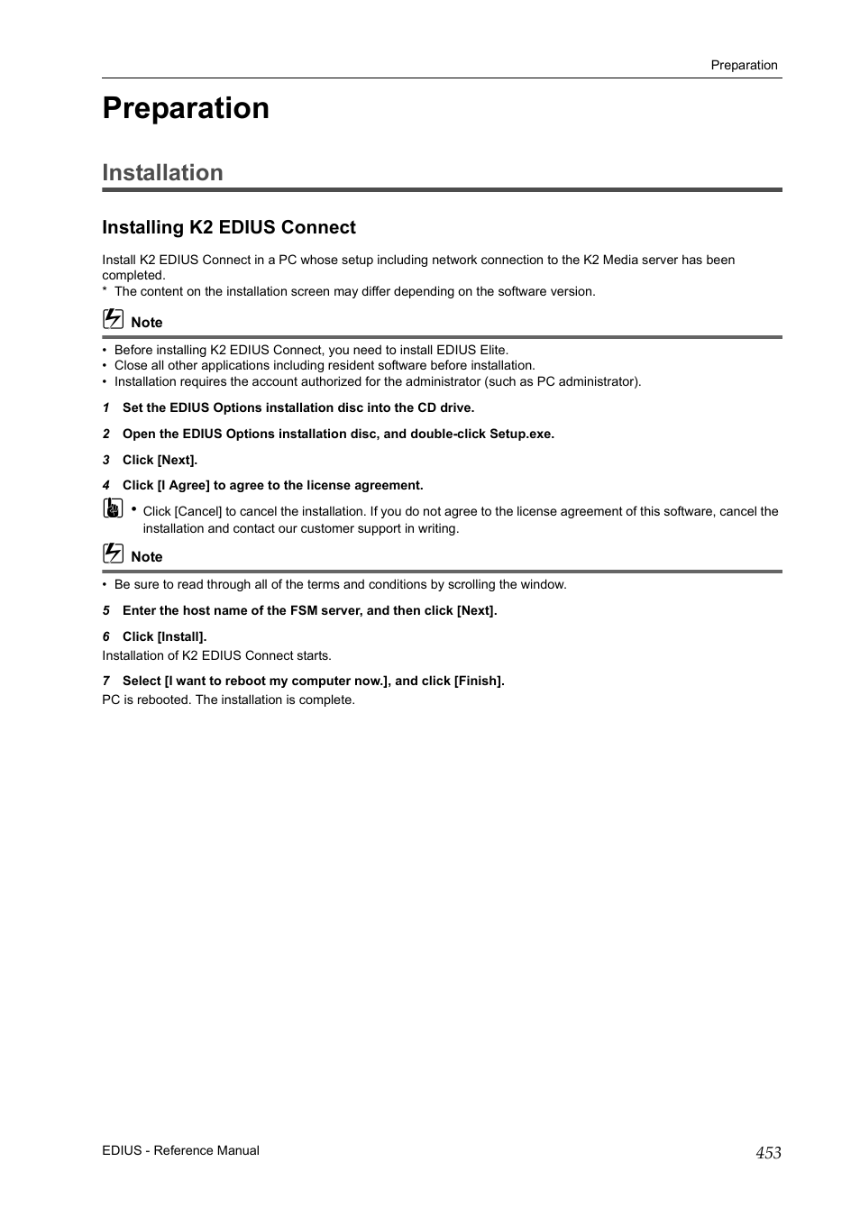 Preparation, Installation, Installing k2 edius connect | Grass Valley EDIUS Pro v.7.20 User Manual | Page 475 / 520