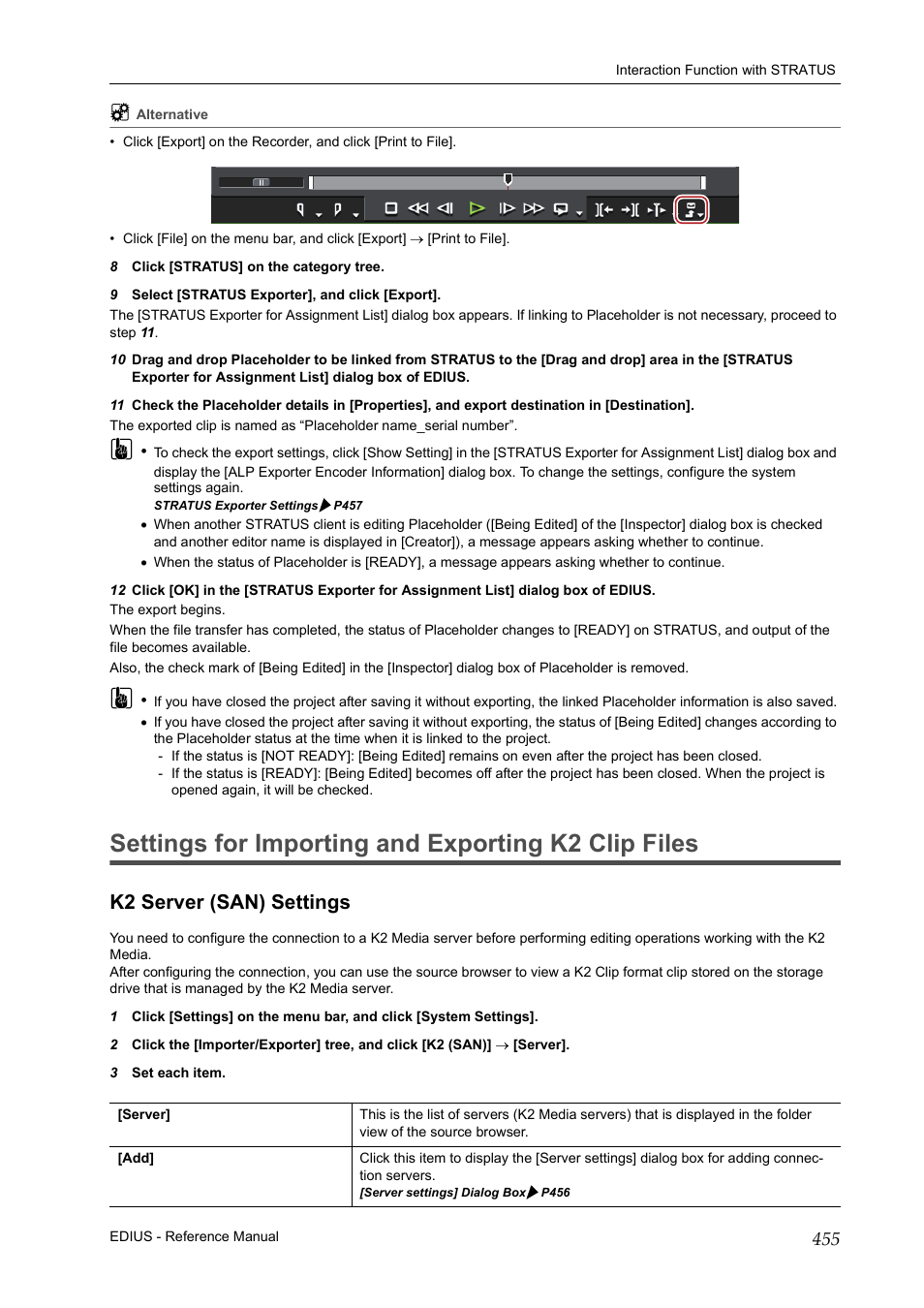 Settings for importing and exporting k2 clip files, K2 server (san) settings, Setti | Grass Valley EDIUS Pro v.7.20 User Manual | Page 477 / 520