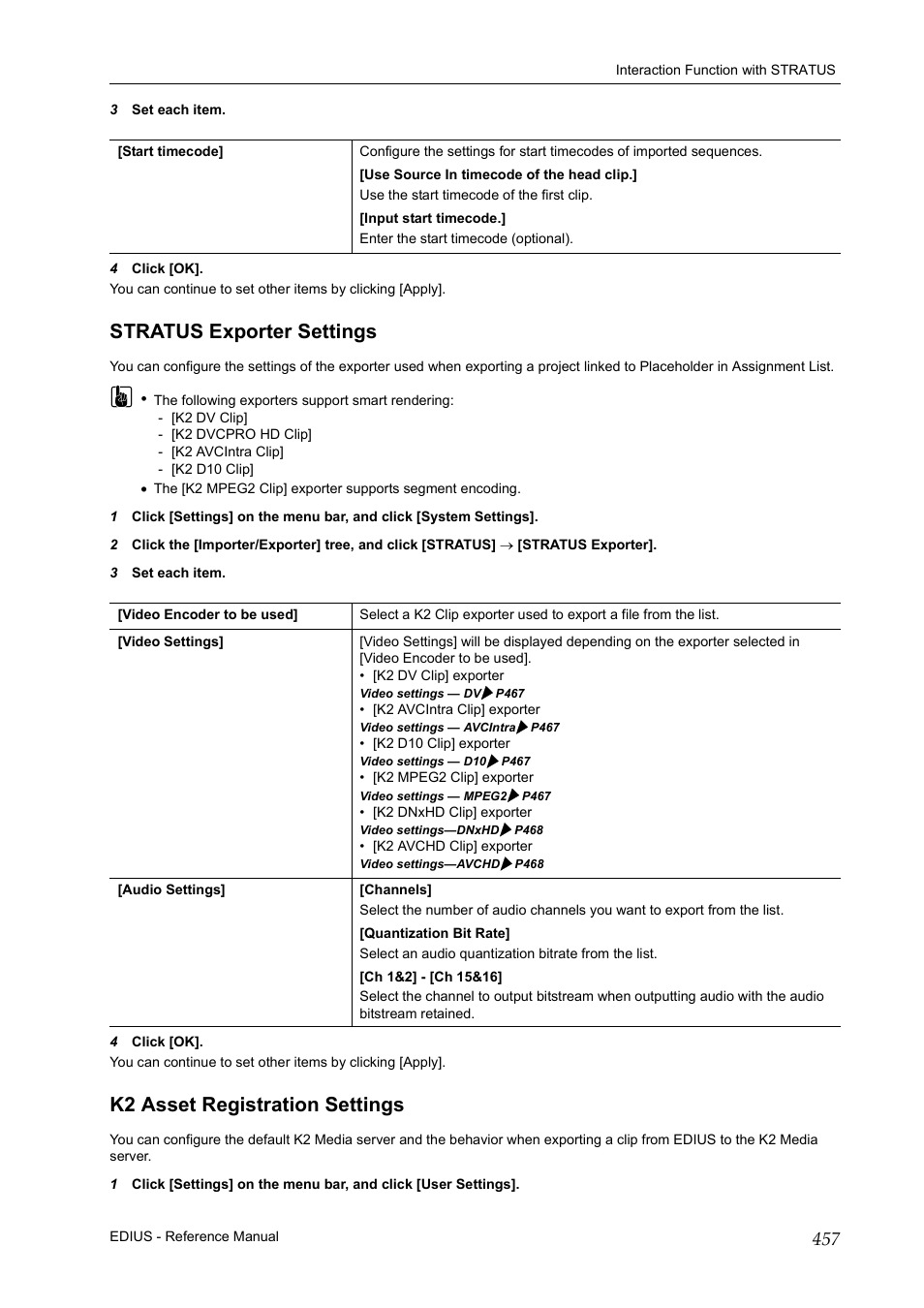 Stratus exporter settings, K2 asset registration settings, P457 | Grass Valley EDIUS Pro v.7.20 User Manual | Page 479 / 520