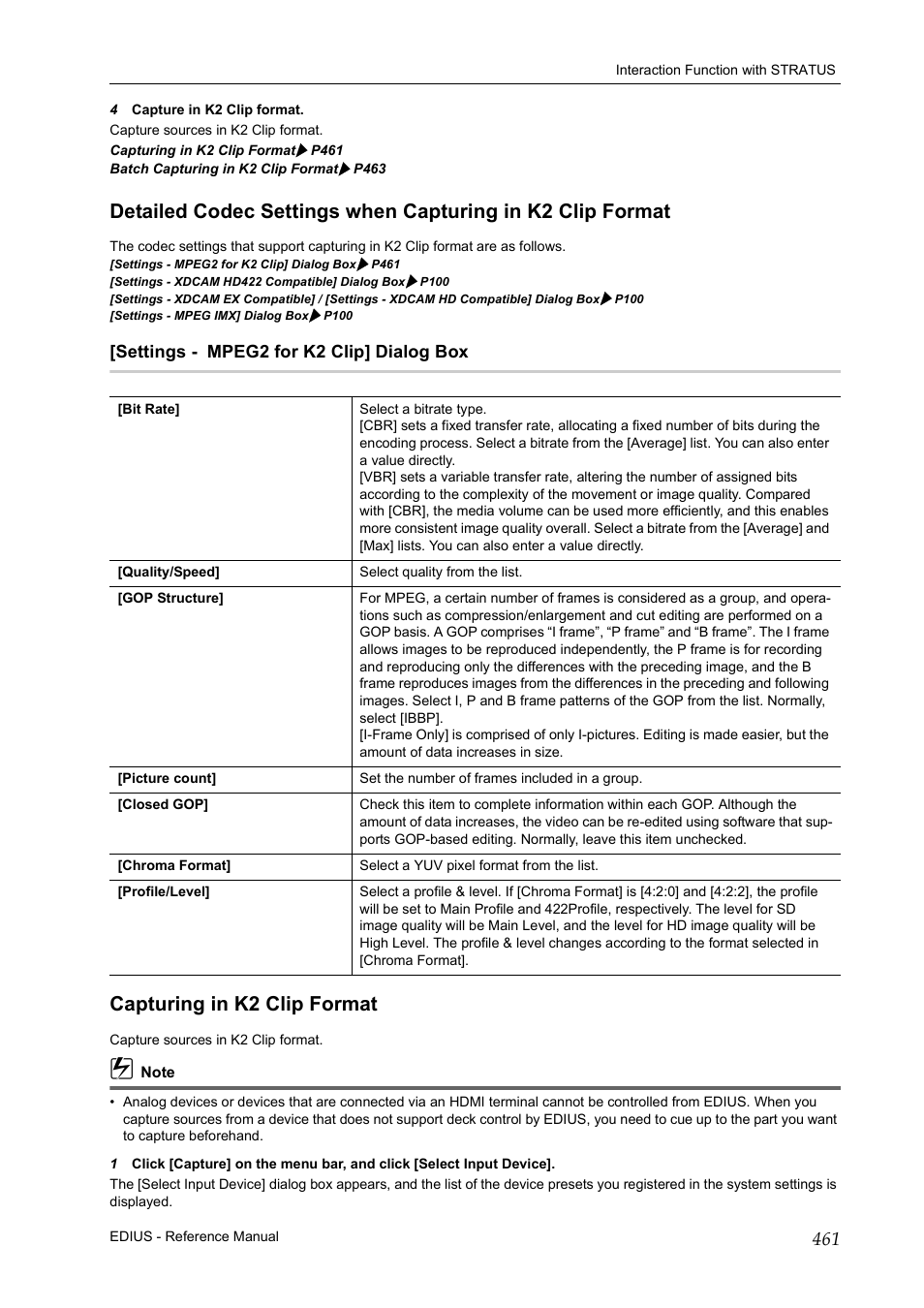 Settings - mpeg2 for k2 clip] dialog box, Capturing in k2 clip format, P461 | Grass Valley EDIUS Pro v.7.20 User Manual | Page 483 / 520