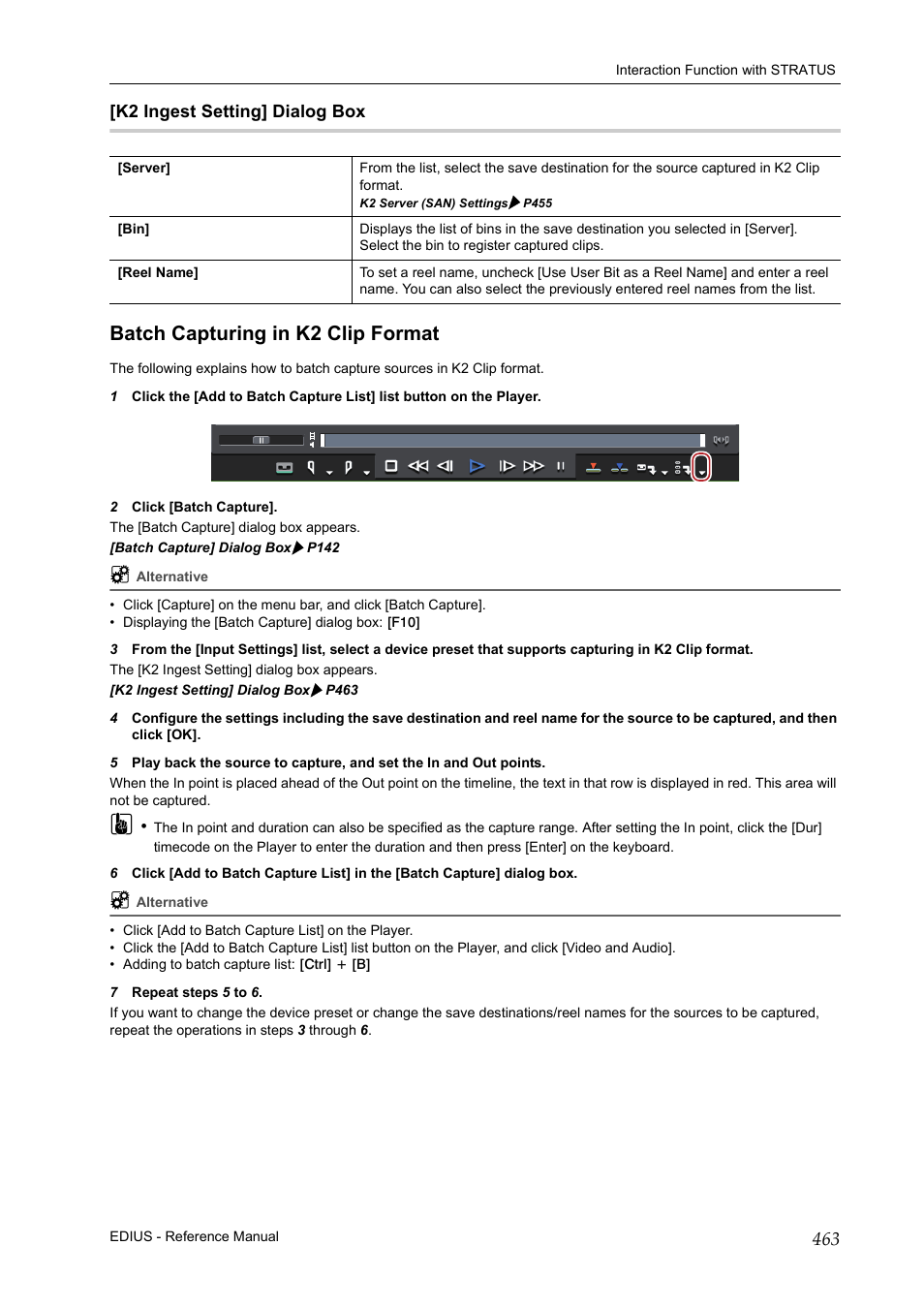 K2 ingest setting] dialog box, Batch capturing in k2 clip format, P463 | Grass Valley EDIUS Pro v.7.20 User Manual | Page 485 / 520
