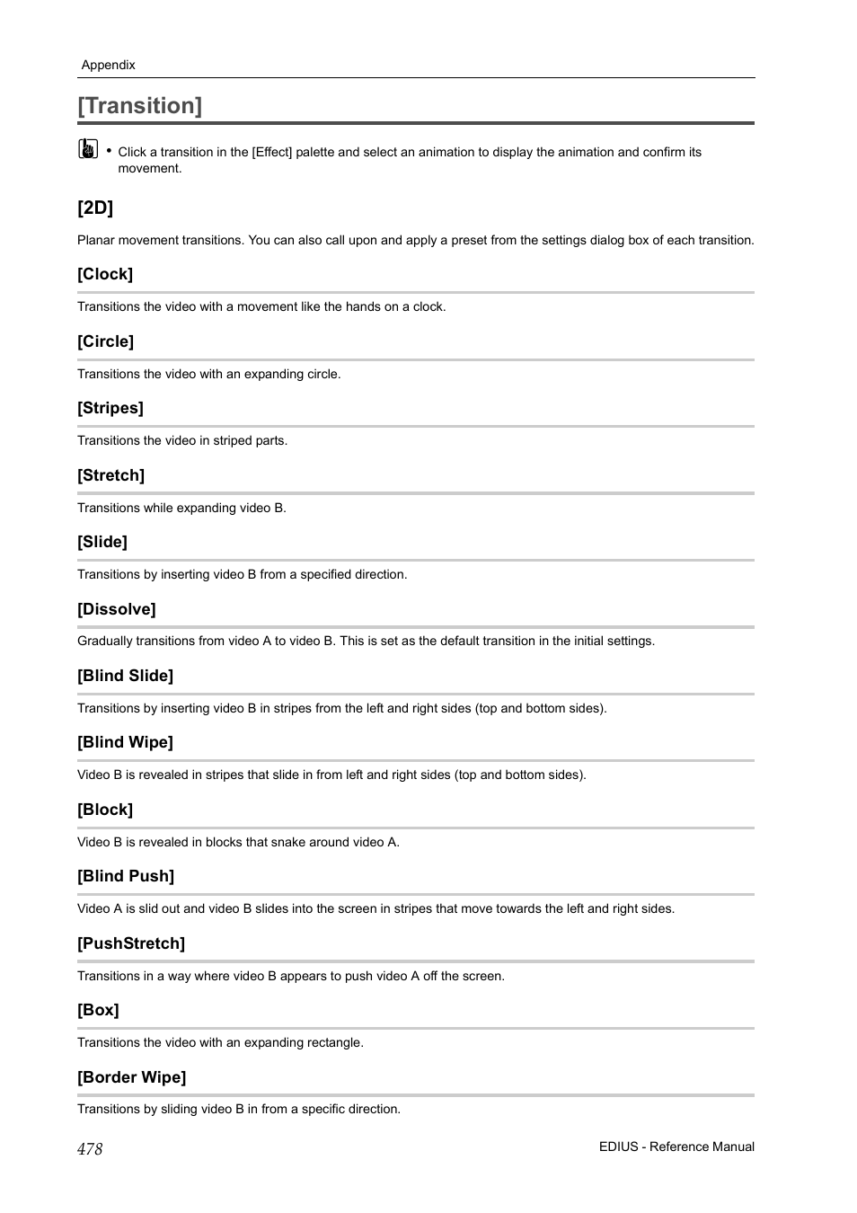 Transition, Clock, Circle | Stripes, Stretch, Slide, Dissolve, Blind slide, Blind wipe, Block | Grass Valley EDIUS Pro v.7.20 User Manual | Page 500 / 520