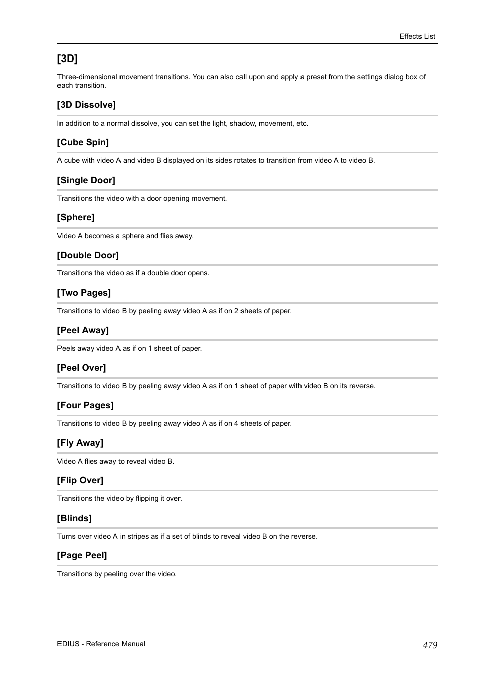 3d dissolve, Cube spin, Single door | Sphere, Double door, Peel away, Peel over, Fly away, Flip over, Blinds | Grass Valley EDIUS Pro v.7.20 User Manual | Page 501 / 520