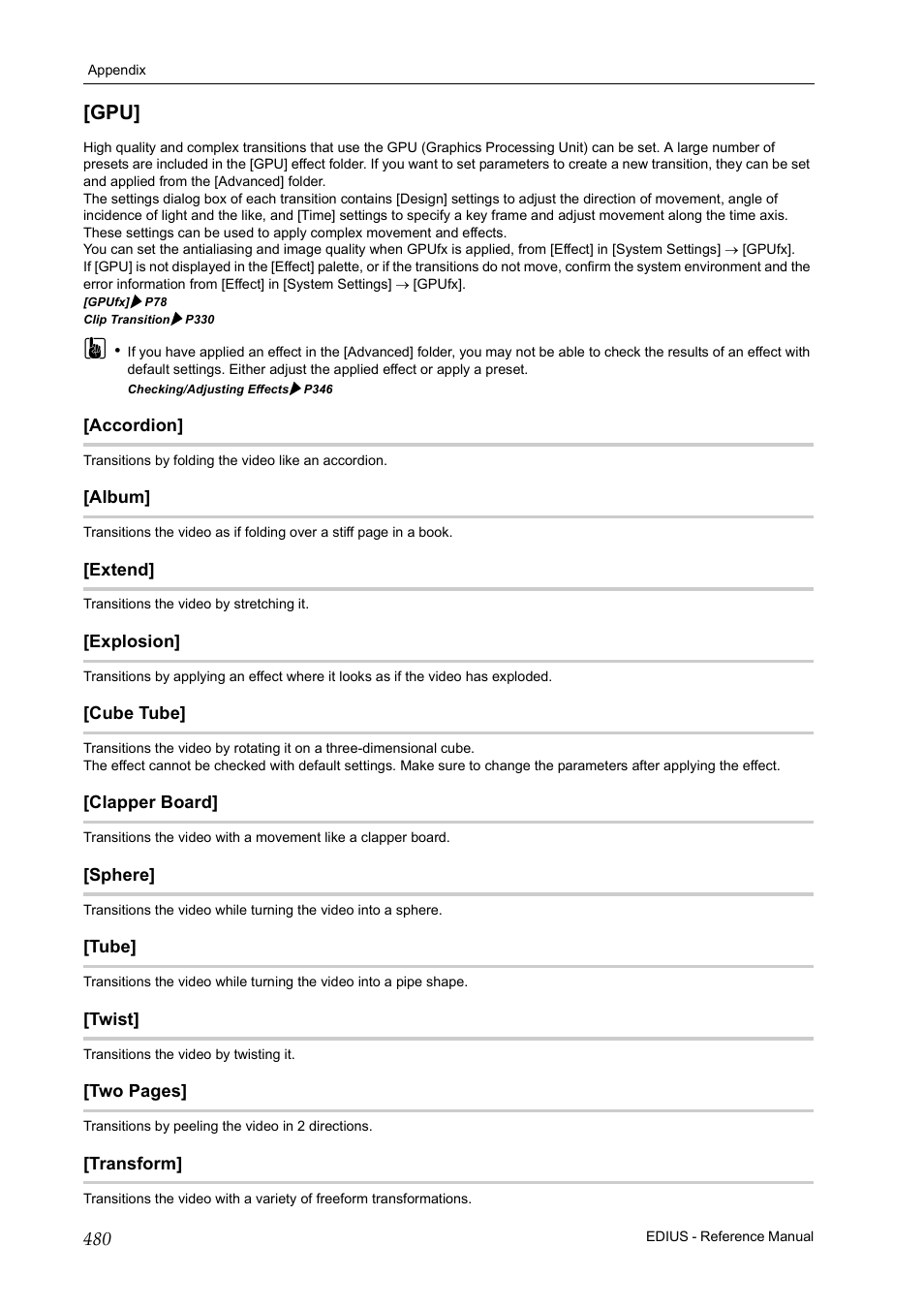Accordion, Album, Extend | Explosion, Cube tube, Clapper board, Sphere, Tube, Twist, Transform | Grass Valley EDIUS Pro v.7.20 User Manual | Page 502 / 520