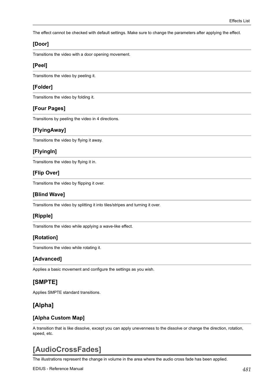 Door, Peel, Folder | Flyingaway, Flyingin, Flip over, Blind wave, Ripple, Rotation, Advanced | Grass Valley EDIUS Pro v.7.20 User Manual | Page 503 / 520