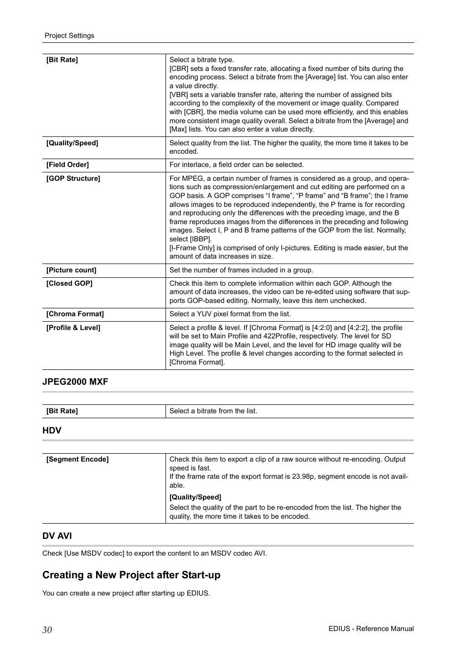 Jpeg2000 mxf, Dv avi, Creating a new project after start-up | Grass Valley EDIUS Pro v.7.20 User Manual | Page 52 / 520