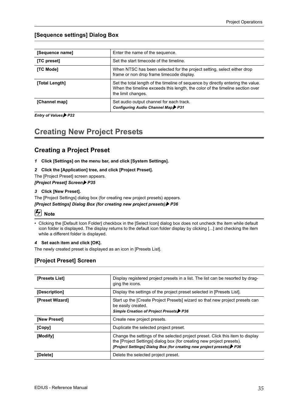Sequence settings] dialog box, Creating new project presets, Creating a project preset | Project preset] screen | Grass Valley EDIUS Pro v.7.20 User Manual | Page 57 / 520