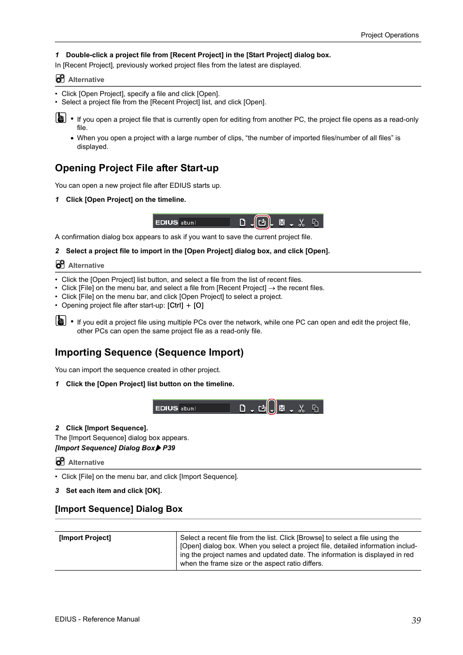 Opening project file after start-up, Importing sequence (sequence import), Import sequence] dialog box | Grass Valley EDIUS Pro v.7.20 User Manual | Page 61 / 520