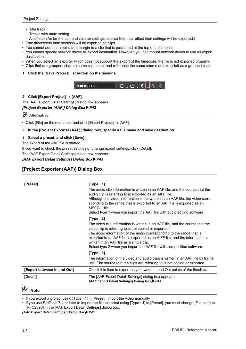 Project exporter (aaf)] dialog box | Grass Valley EDIUS Pro v.7.20 User Manual | Page 64 / 520