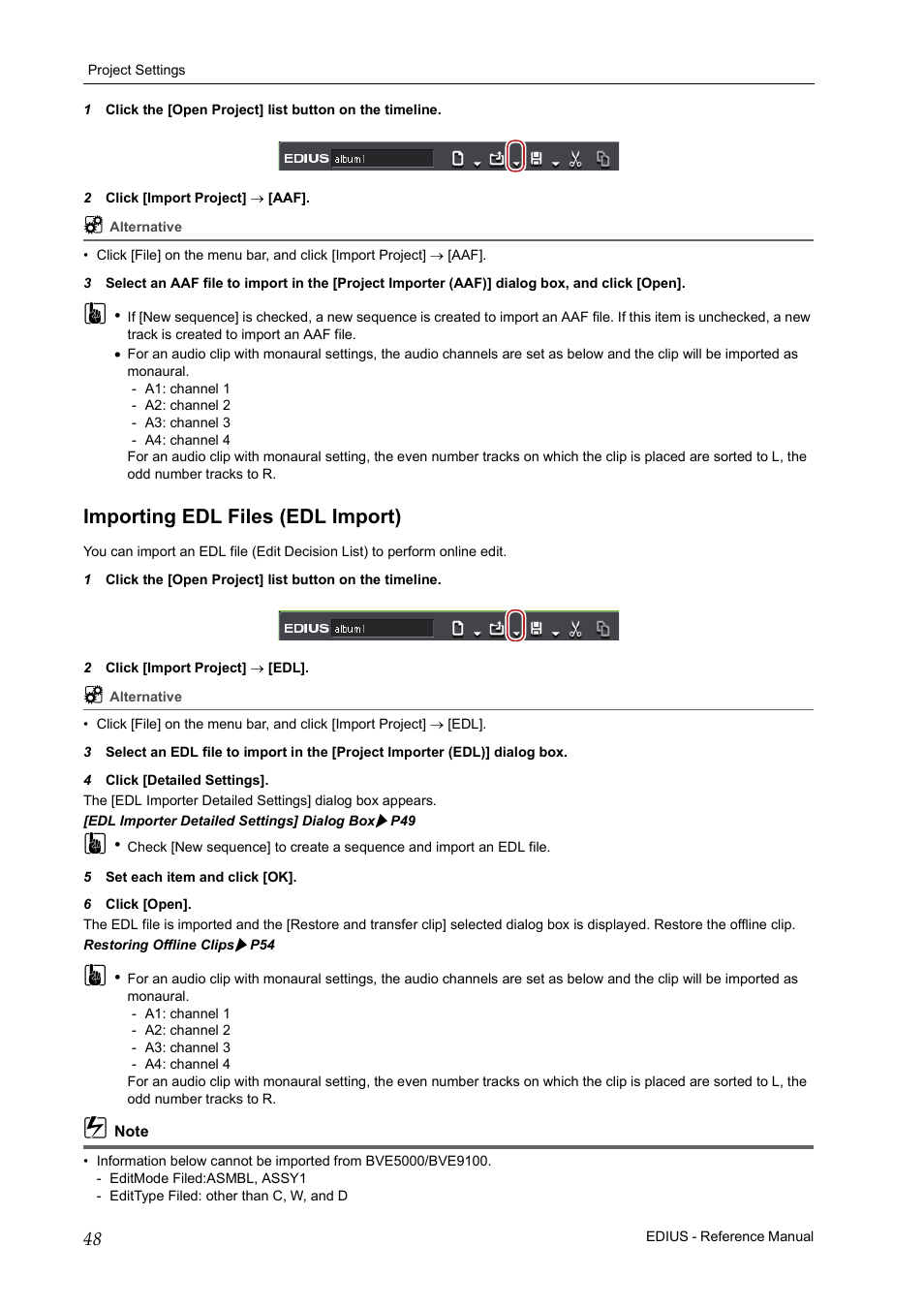 Importing edl files (edl import) | Grass Valley EDIUS Pro v.7.20 User Manual | Page 70 / 520