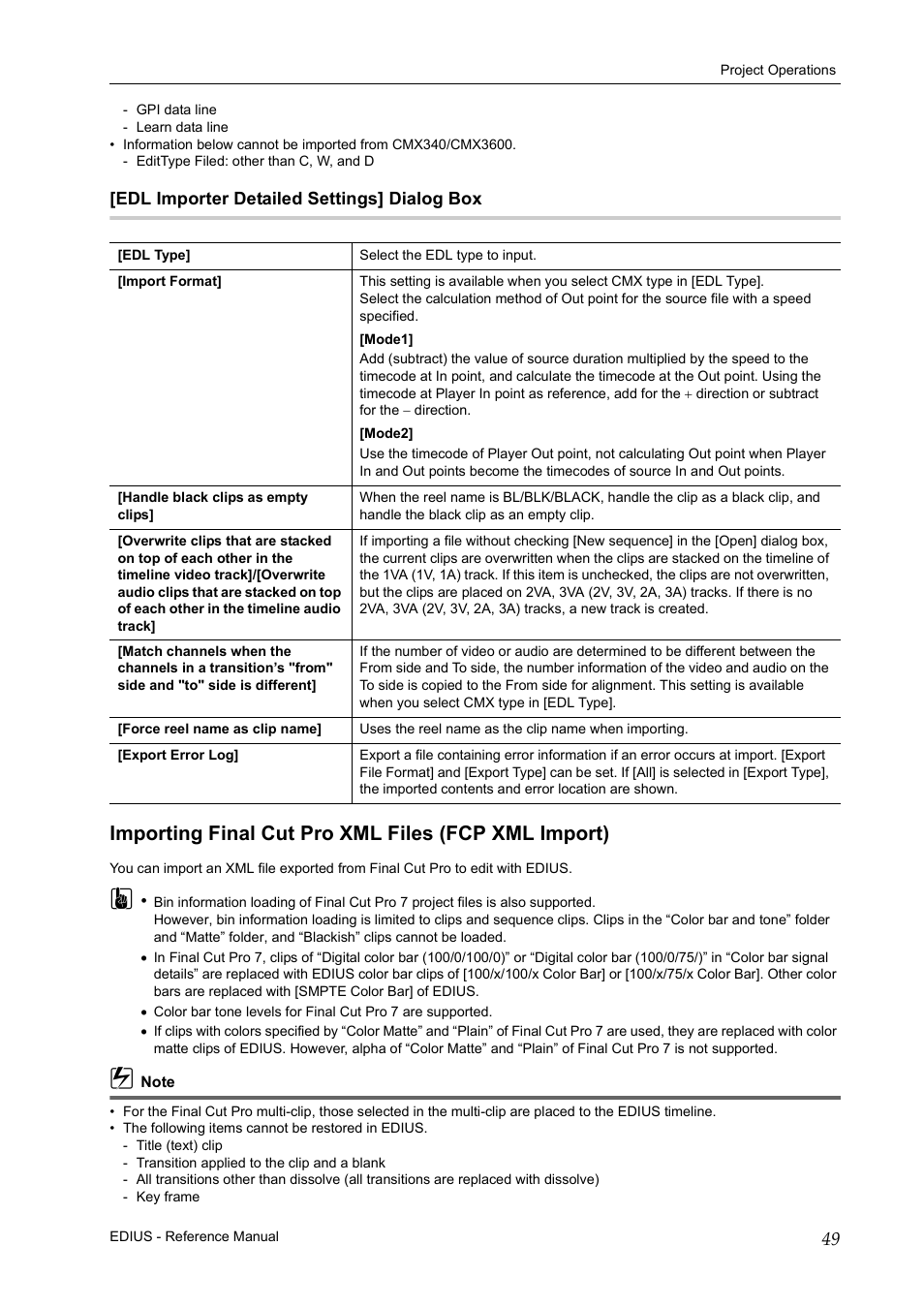 Edl importer detailed settings] dialog box, Importing final cut pro xml files (fcp xml import) | Grass Valley EDIUS Pro v.7.20 User Manual | Page 71 / 520