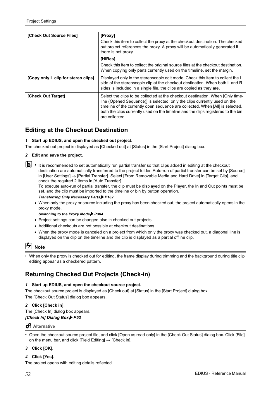 Editing at the checkout destination, Returning checked out projects (check-in) | Grass Valley EDIUS Pro v.7.20 User Manual | Page 74 / 520