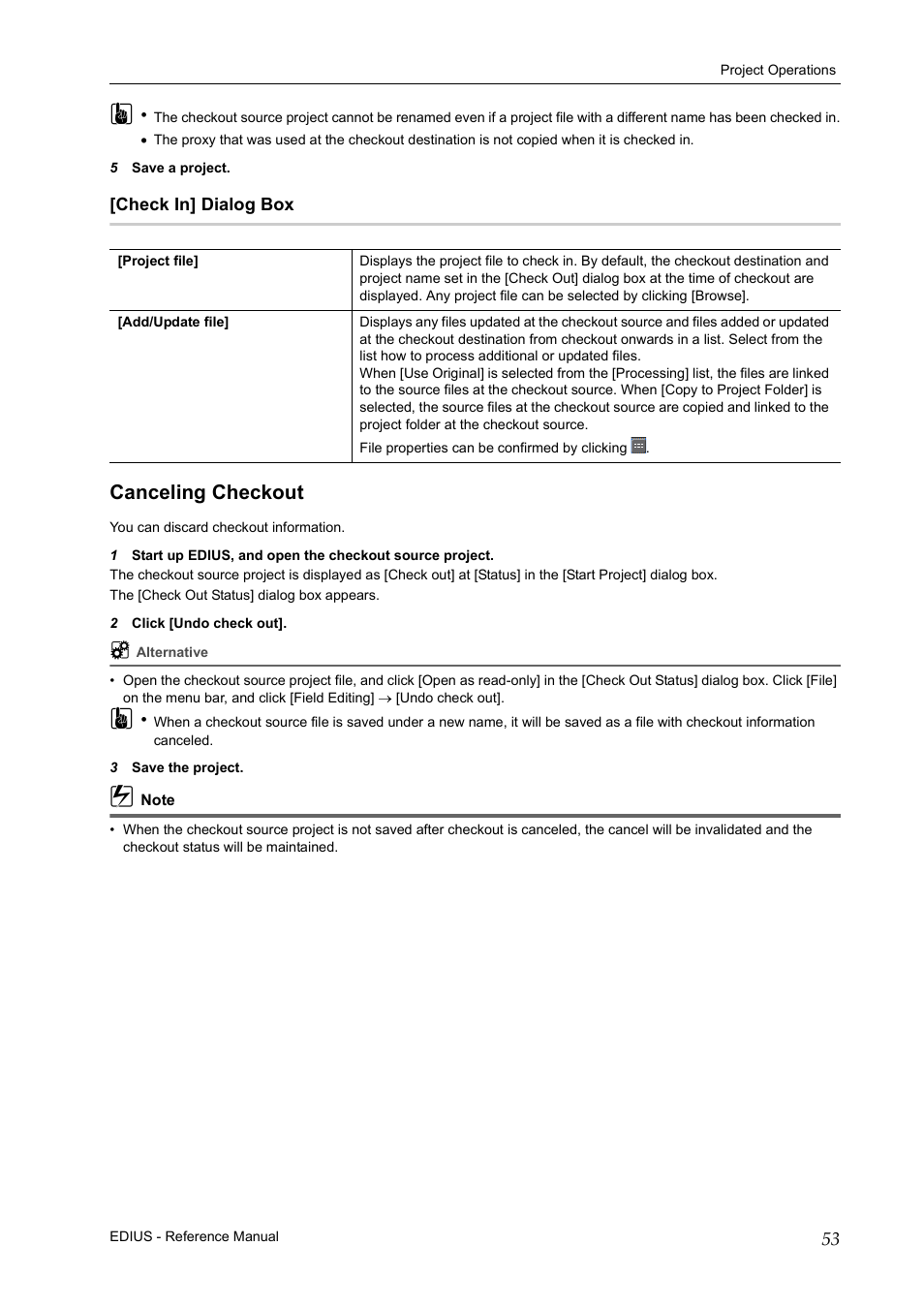 Check in] dialog box, Canceling checkout | Grass Valley EDIUS Pro v.7.20 User Manual | Page 75 / 520