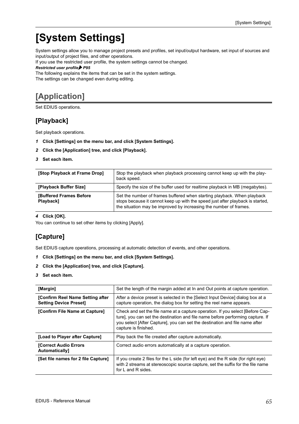System settings, Application, Playback | Capture, Appl, Playback] [capture | Grass Valley EDIUS Pro v.7.20 User Manual | Page 87 / 520