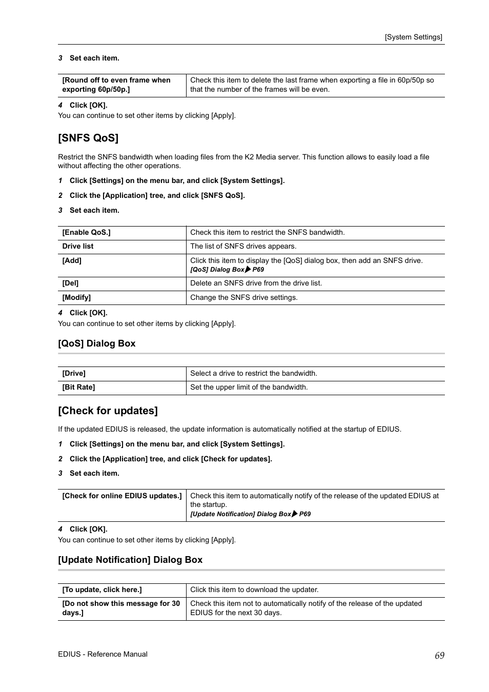 Snfs qos, Qos] dialog box, Check for updates | Update notification] dialog box, Snfs qos] [check for updates | Grass Valley EDIUS Pro v.7.20 User Manual | Page 91 / 520