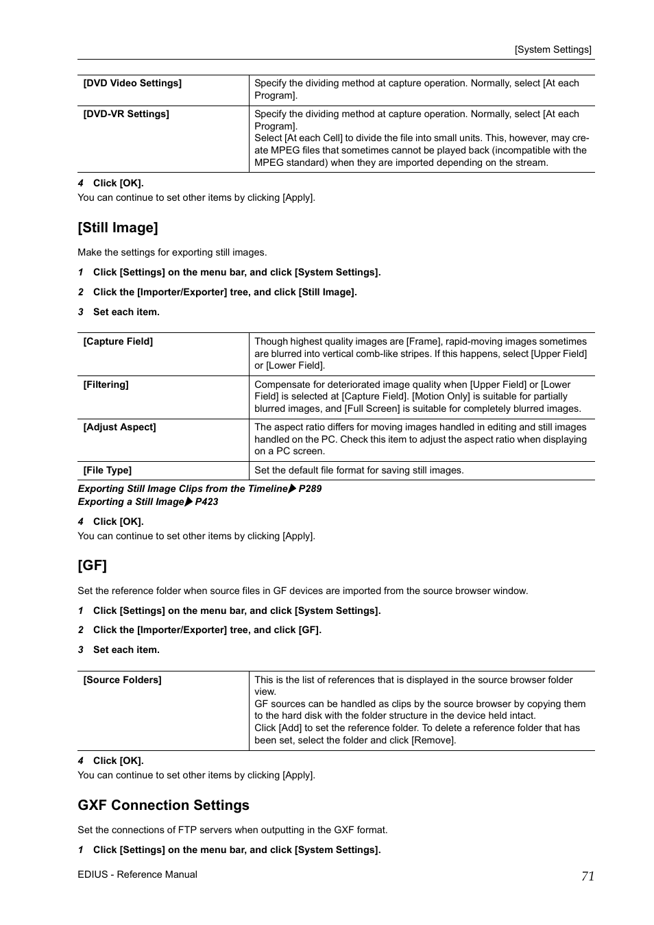 Still image, Gxf connection settings, Still image] [gf] gxf connection settings | Grass Valley EDIUS Pro v.7.20 User Manual | Page 93 / 520