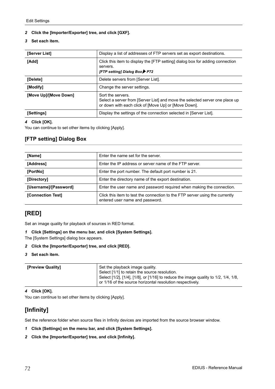 Ftp setting] dialog box, Infinity, Red] [infinity | Grass Valley EDIUS Pro v.7.20 User Manual | Page 94 / 520