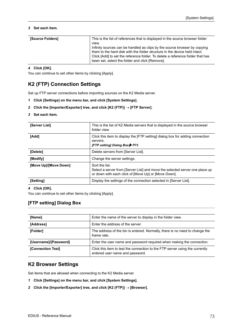K2 (ftp) connection settings, Ftp setting] dialog box, K2 browser settings | K2 (ftp) connection settings k2 browser settings | Grass Valley EDIUS Pro v.7.20 User Manual | Page 95 / 520