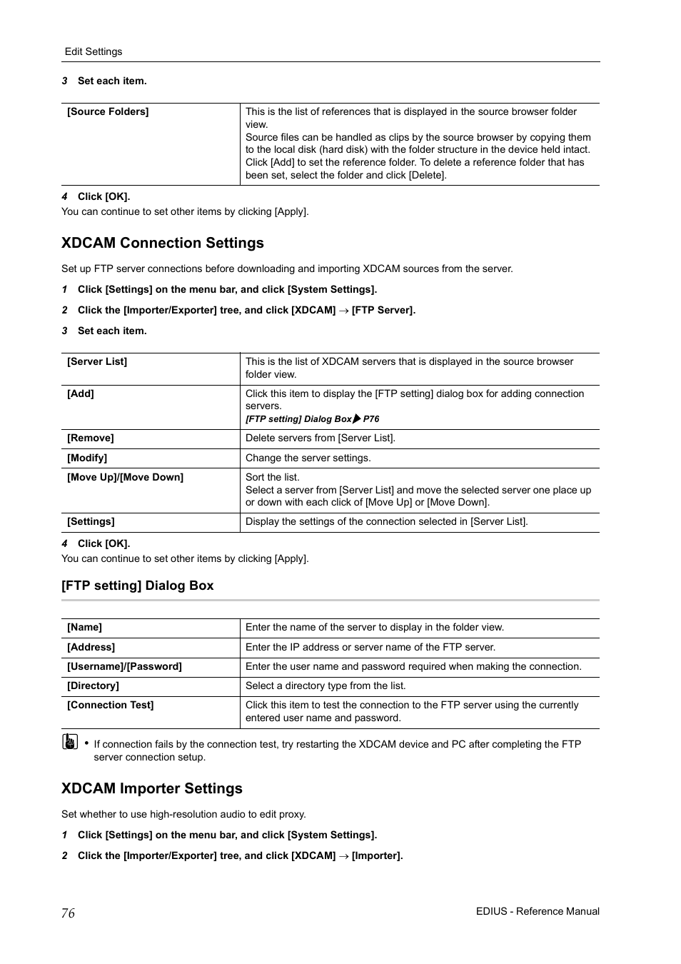 Xdcam connection settings, Ftp setting] dialog box, Xdcam importer settings | Xdcam connection settings xdcam importer settings | Grass Valley EDIUS Pro v.7.20 User Manual | Page 98 / 520