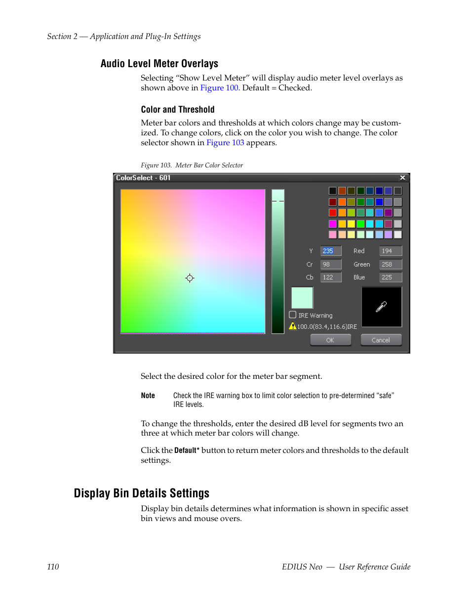 Audio level meter overlays, Display bin details settings | Grass Valley EDIUS Neo 2 User Manual | Page 110 / 608