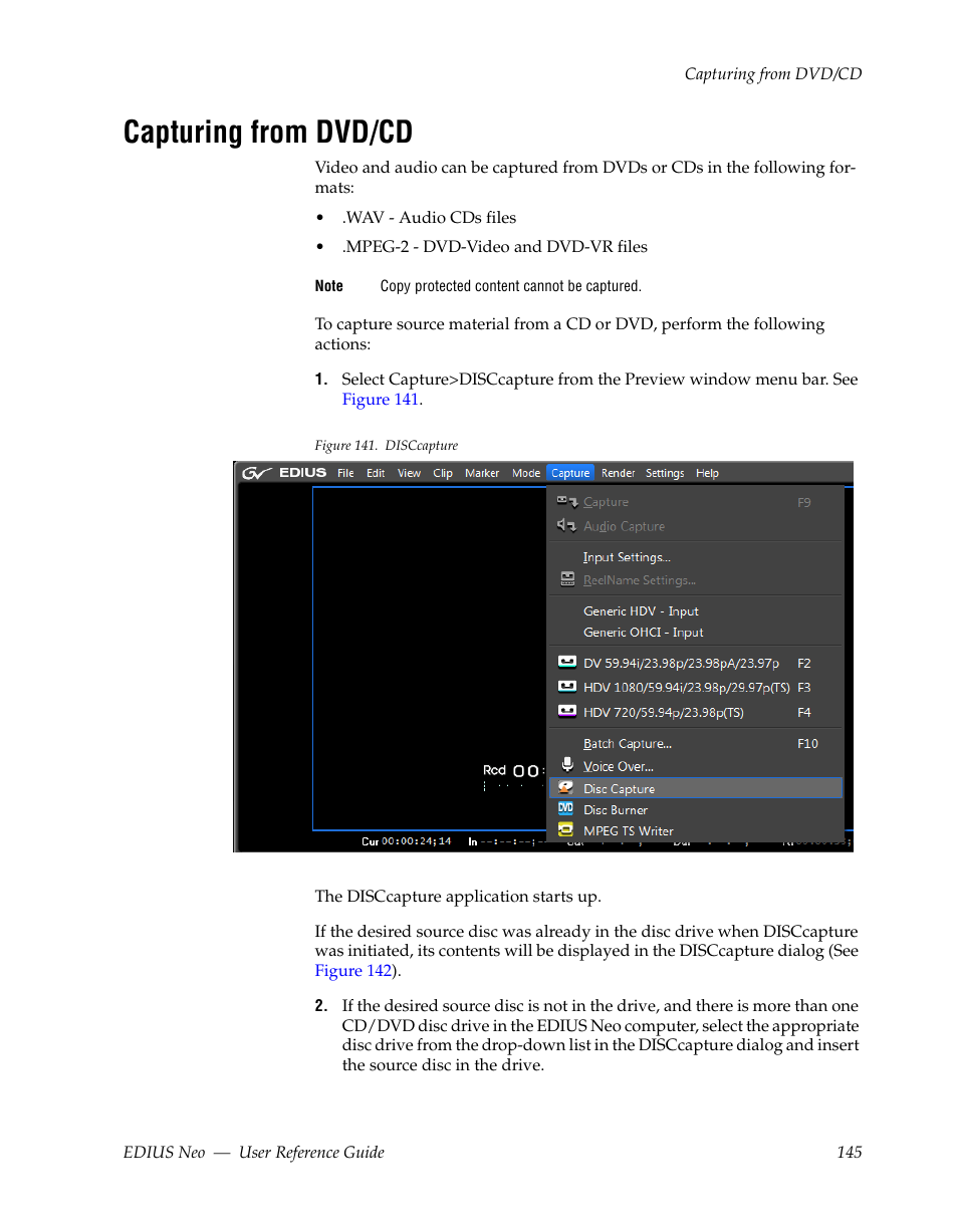 Capturing from dvd/cd | Grass Valley EDIUS Neo 2 User Manual | Page 145 / 608