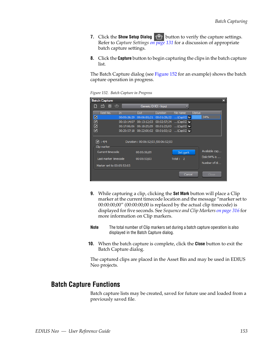 Batch capture functions | Grass Valley EDIUS Neo 2 User Manual | Page 153 / 608