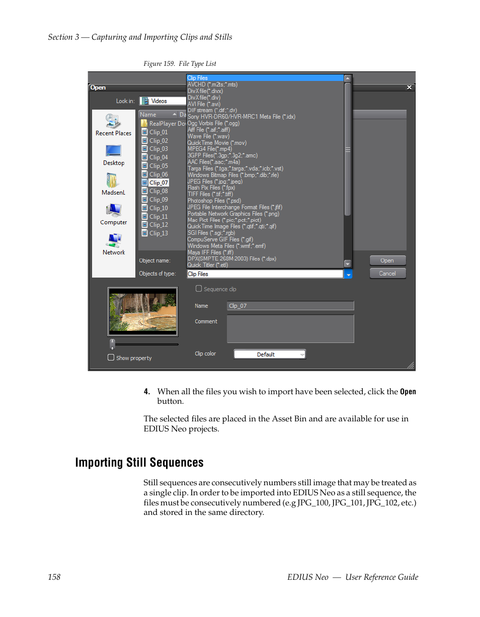 Importing still sequences, Ted in, Figure 159 | Grass Valley EDIUS Neo 2 User Manual | Page 158 / 608