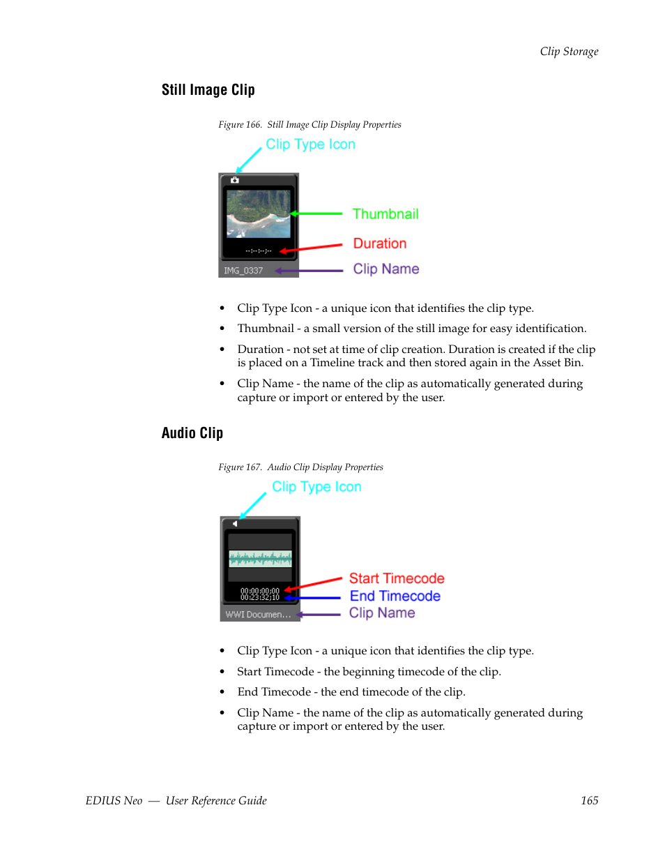 Still image clip, Audio clip | Grass Valley EDIUS Neo 2 User Manual | Page 165 / 608