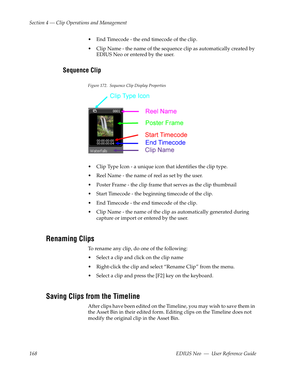 Sequence clip, Renaming clips, Saving clips from the timeline | Grass Valley EDIUS Neo 2 User Manual | Page 168 / 608