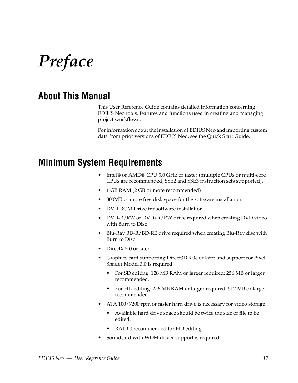 Preface, About this manual, Minimum system requirements | Grass Valley EDIUS Neo 2 User Manual | Page 17 / 608