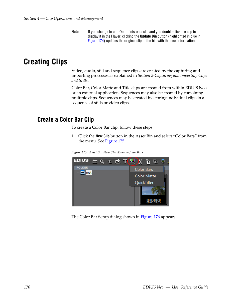 Creating clips, Create a color bar clip | Grass Valley EDIUS Neo 2 User Manual | Page 170 / 608