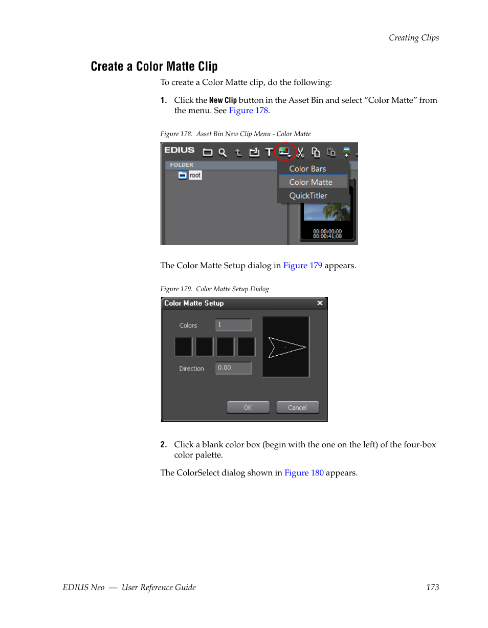 Create a color matte clip | Grass Valley EDIUS Neo 2 User Manual | Page 173 / 608