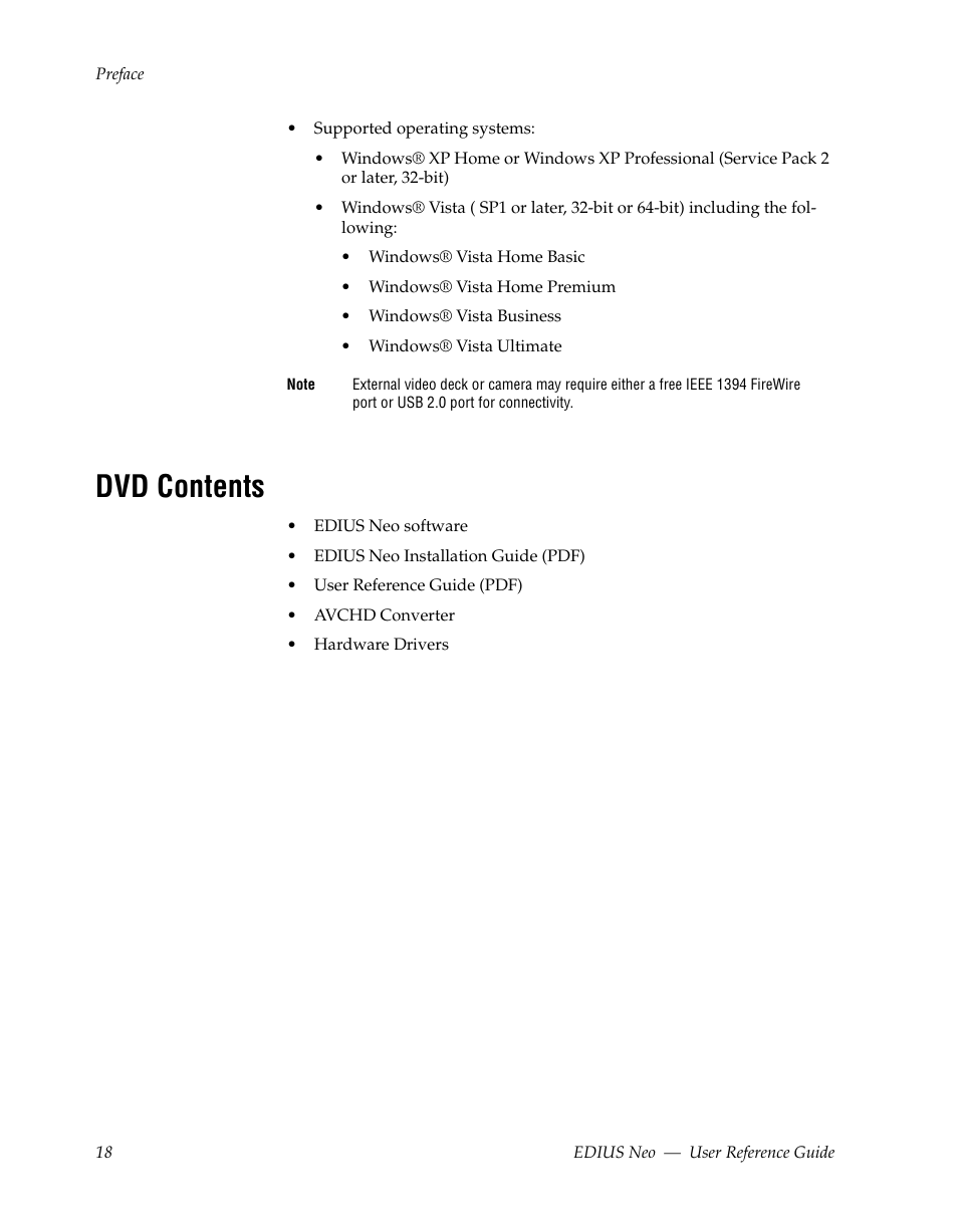 Dvd contents | Grass Valley EDIUS Neo 2 User Manual | Page 18 / 608
