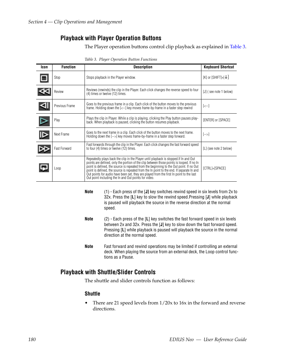 Playback with player operation buttons, Playback with shuttle/slider controls, Shuttle | Grass Valley EDIUS Neo 2 User Manual | Page 180 / 608