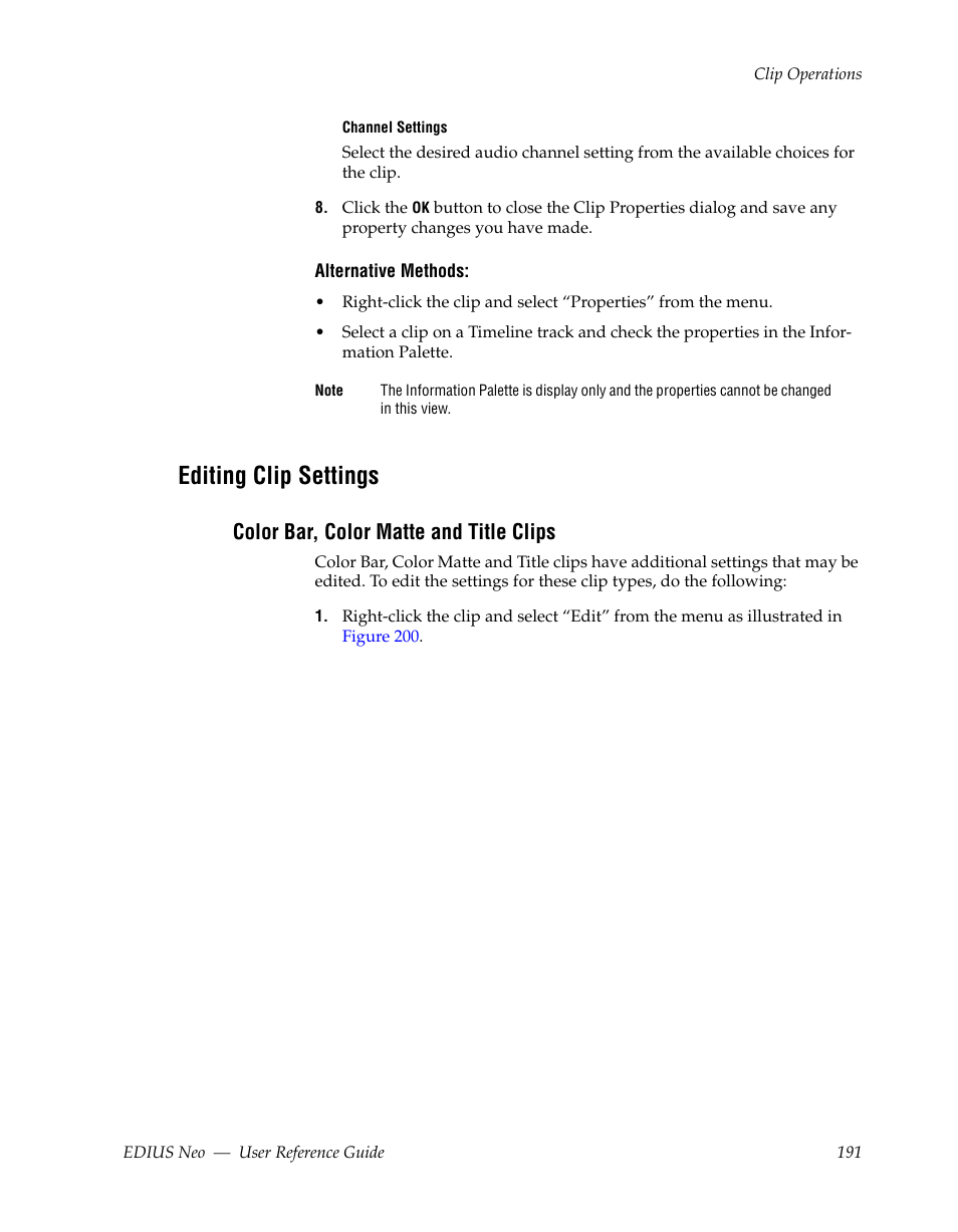 Editing clip settings, Color bar, color matte and title clips | Grass Valley EDIUS Neo 2 User Manual | Page 191 / 608