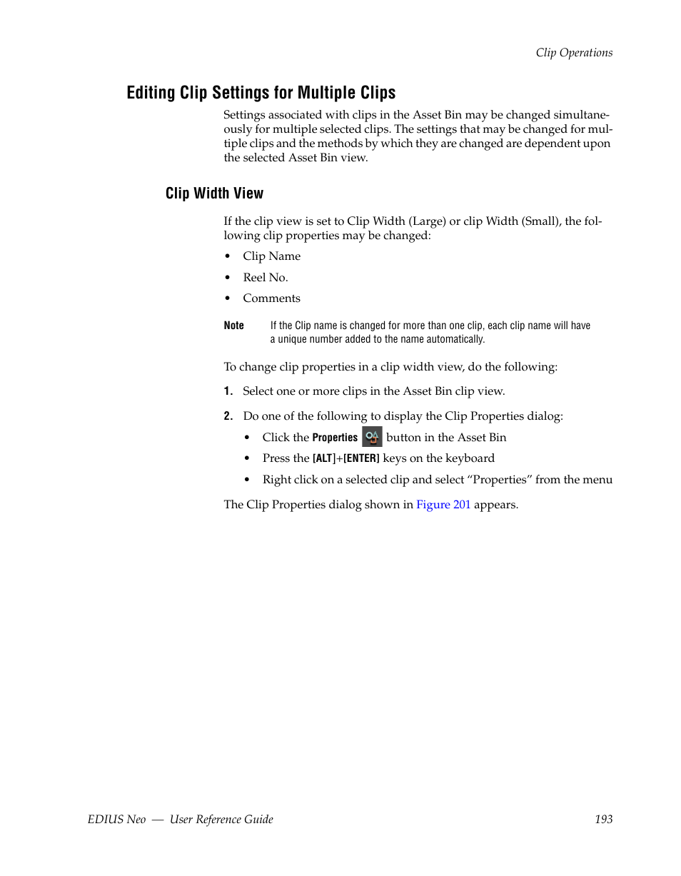 Editing clip settings for multiple clips, Clip width view | Grass Valley EDIUS Neo 2 User Manual | Page 193 / 608