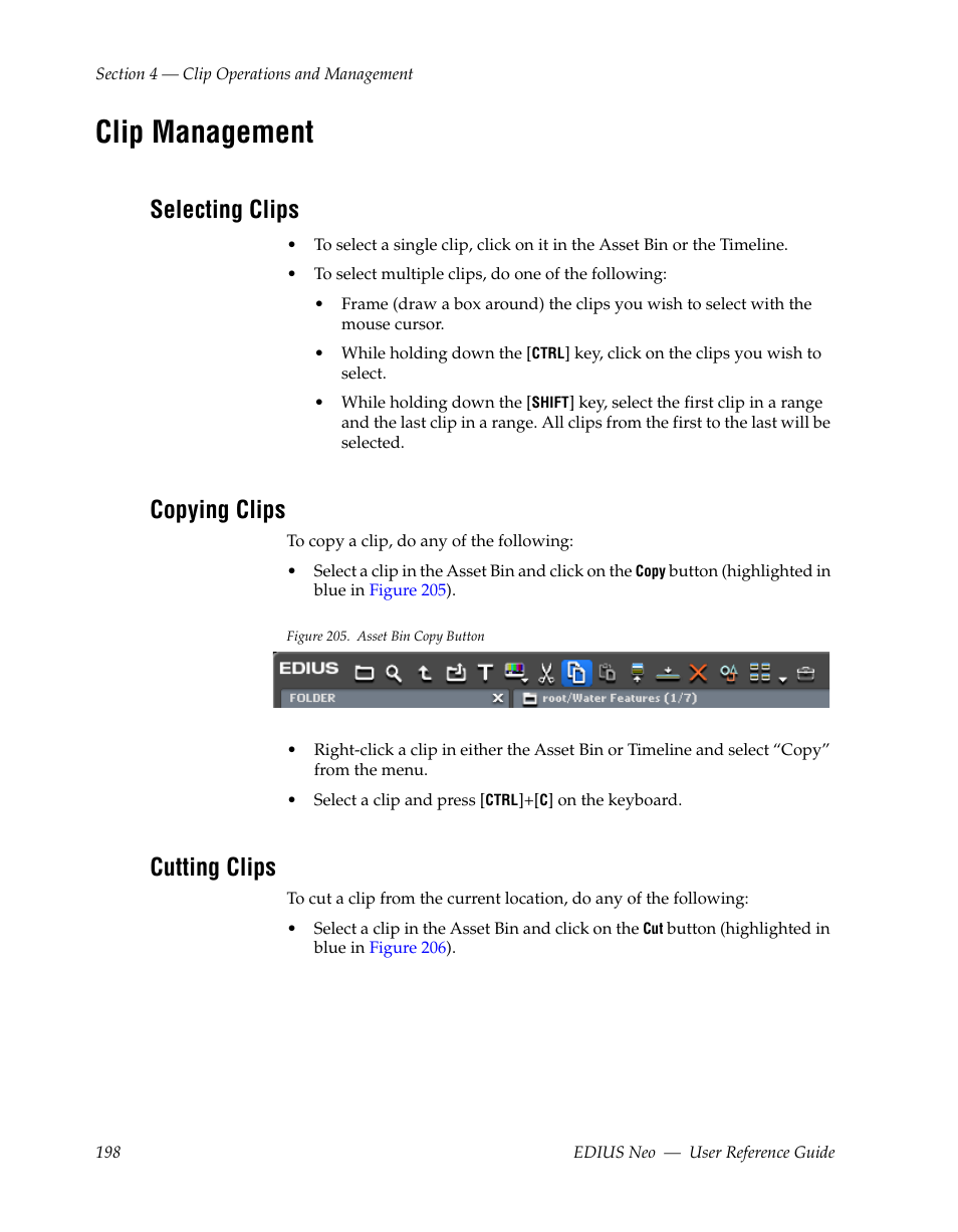 Clip management, Selecting clips, Copying clips | Cutting clips | Grass Valley EDIUS Neo 2 User Manual | Page 198 / 608