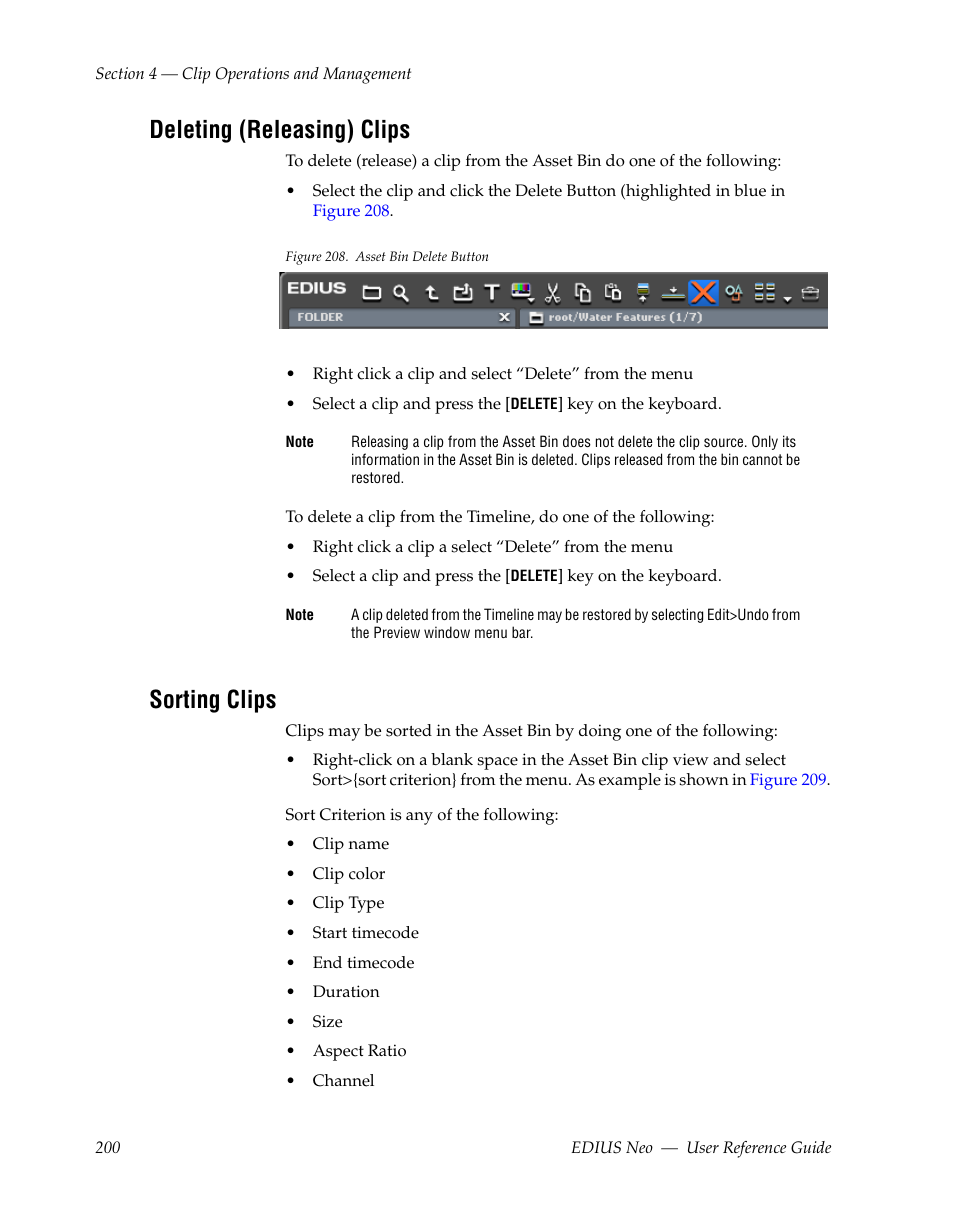 Deleting (releasing) clips, Sorting clips | Grass Valley EDIUS Neo 2 User Manual | Page 200 / 608