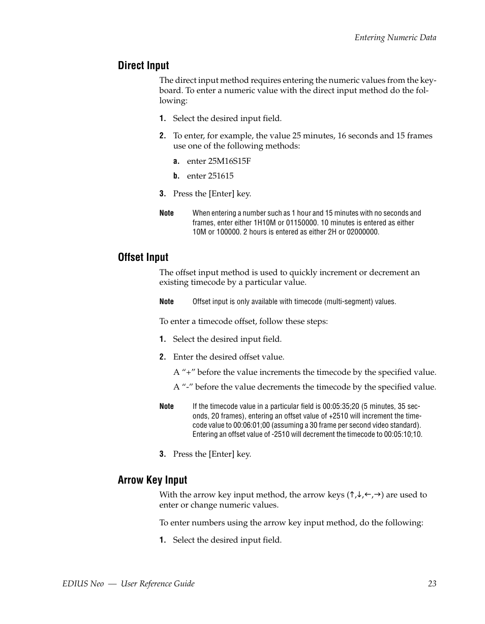 Direct input, Offset input, Arrow key input | Grass Valley EDIUS Neo 2 User Manual | Page 23 / 608